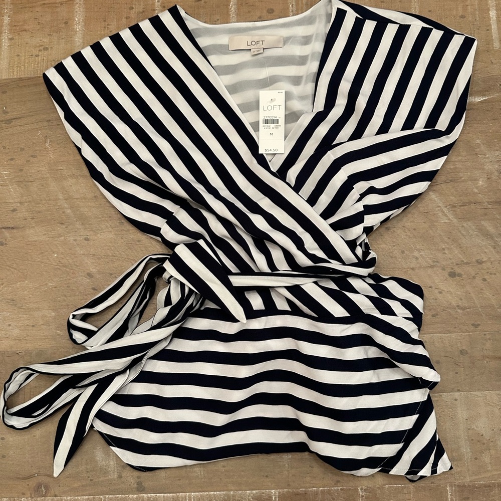 Loft Wrap Puplum Blouse Blue and White (Size Medium)
